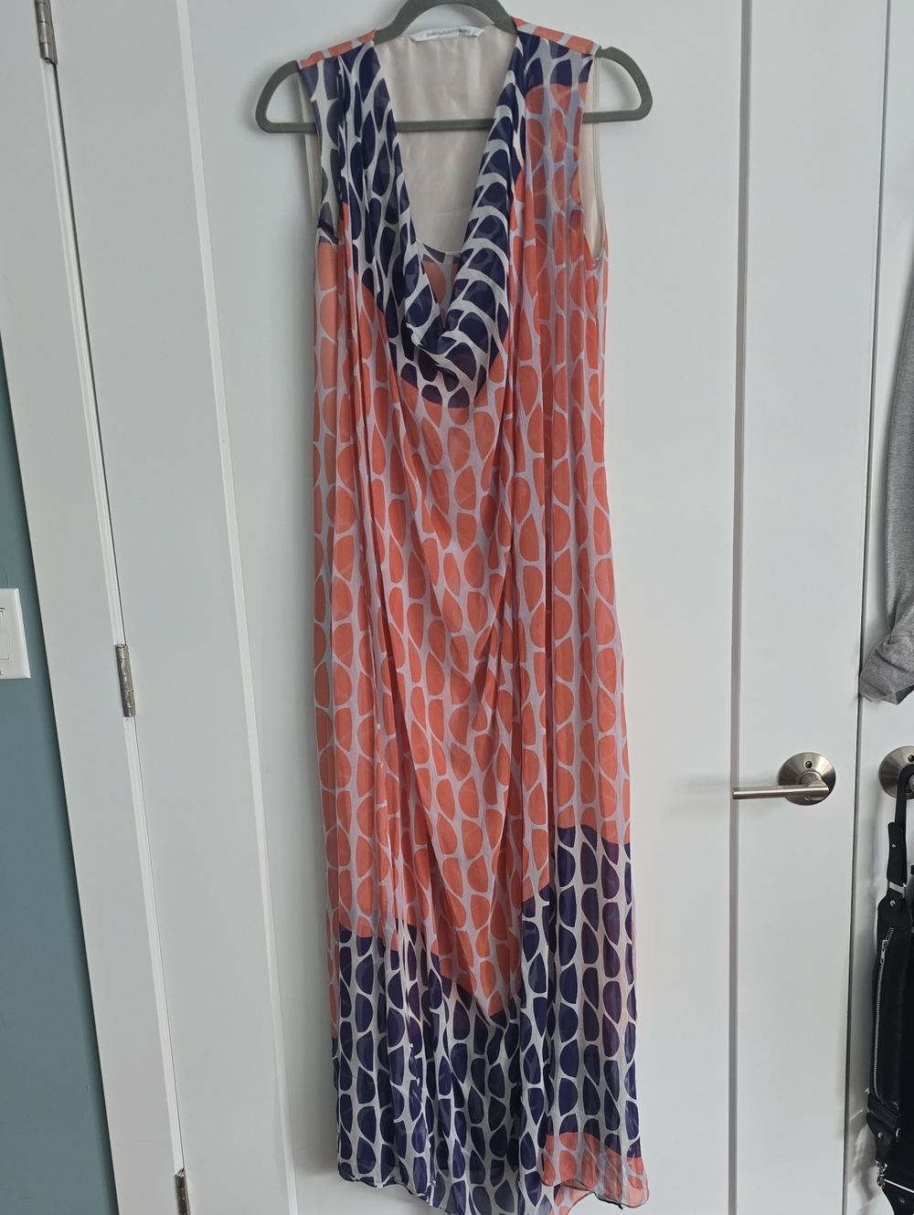Diane Von Furstenberg Coral and Navy Leaf-Print Cowl Neck Maxi Dress